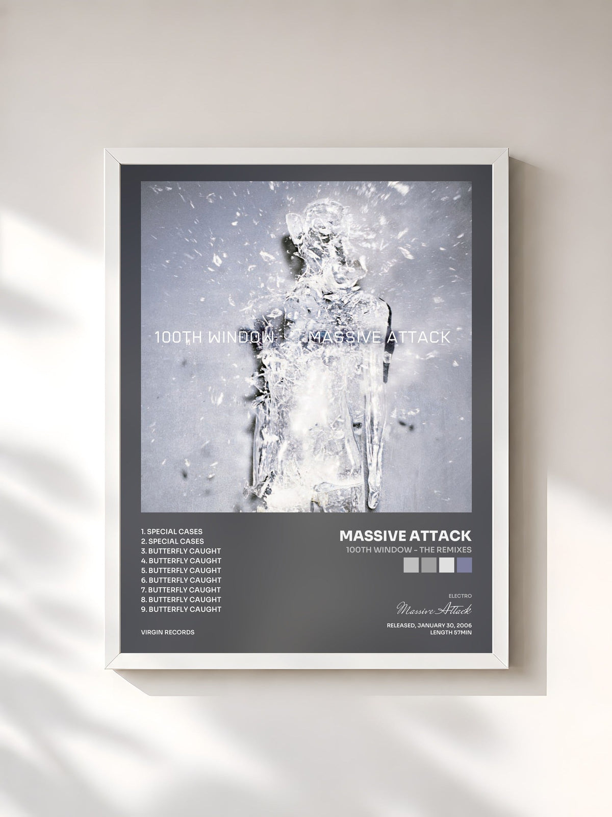 #blanc Tableau de l'album 100th Window - The Remixes de Massive Attack, cadre blanc, imprimé et encadré en France