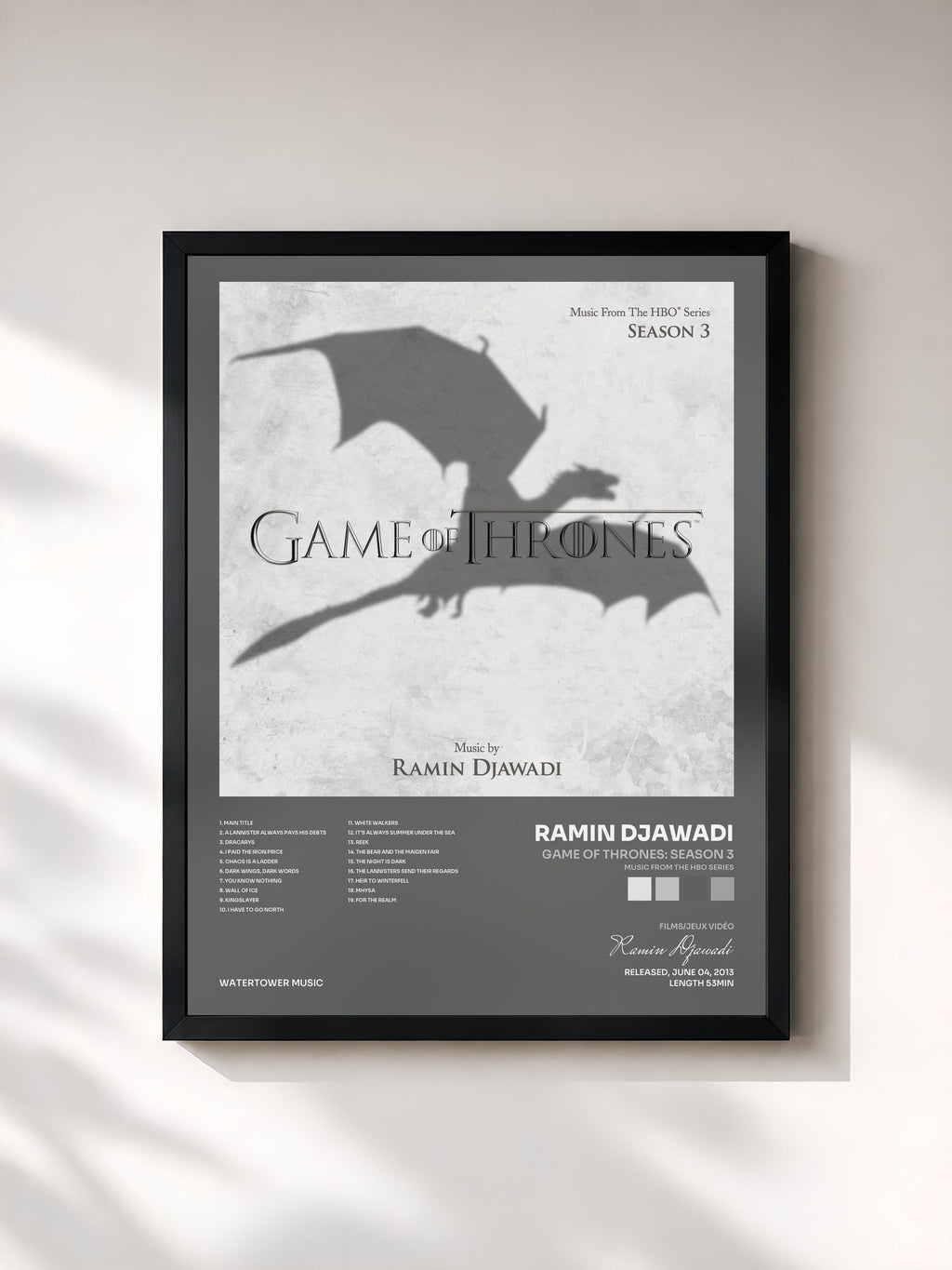 #noir Game Of Thrones: Season 3 (Music from the HBO Series) by Ramin Djawadi as a framed art print, black frame, printed and framed in France