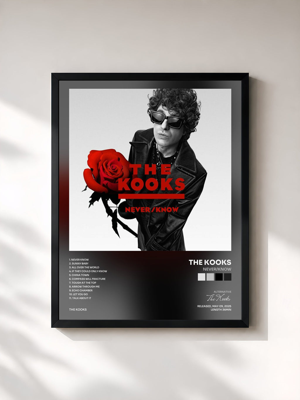 #noir Tableau de l'album Never/Know de The Kooks, cadre noir, imprimé et encadré en France