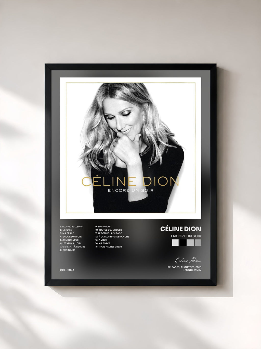 #noir Tableau de l'album Encore un soir de Céline Dion, cadre noir, imprimé et encadré en France