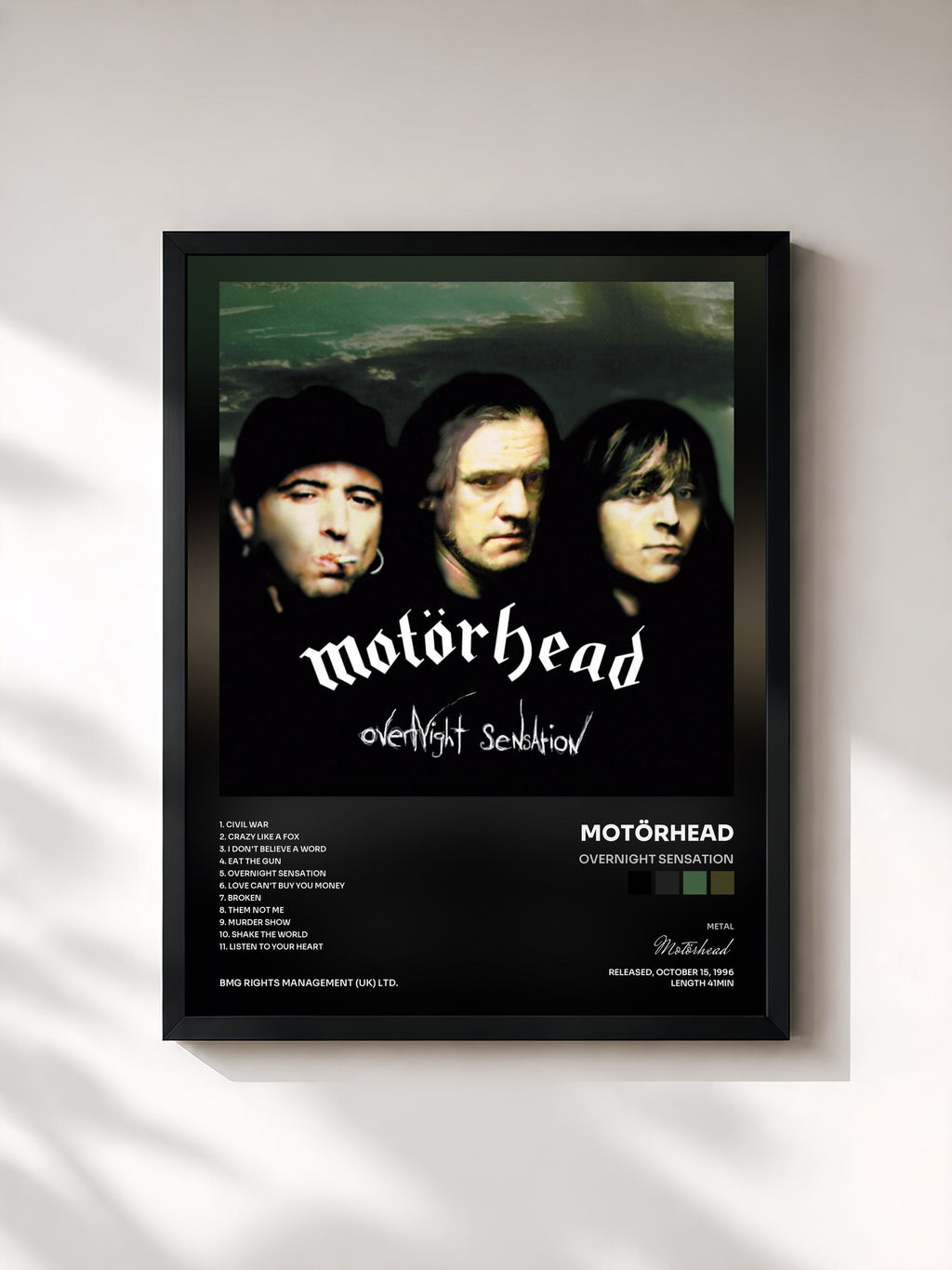 #noir Tableau de l'album Overnight Sensation de Motörhead, cadre noir, imprimé et encadré en France