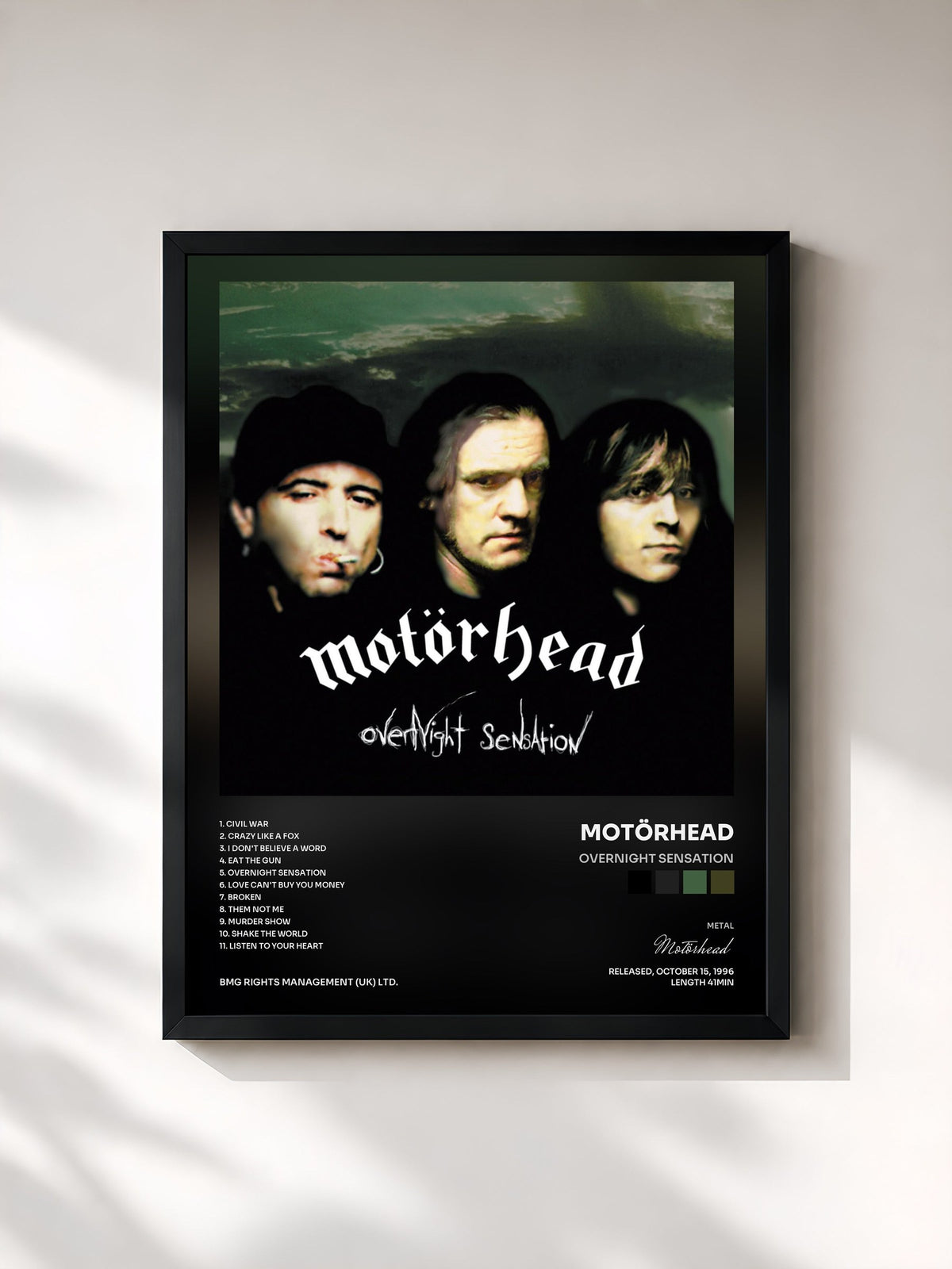 #noir Tableau de l'album Overnight Sensation de Motörhead, cadre noir, imprimé et encadré en France