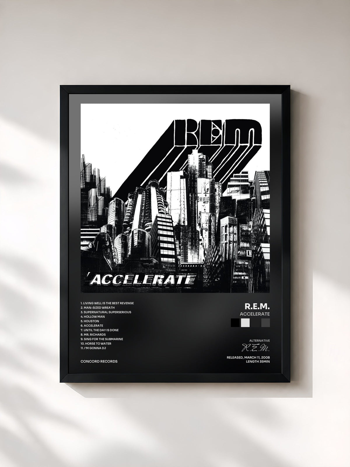 #noir Tableau de l'album Accelerate de R.E.M., cadre noir, imprimé et encadré en France