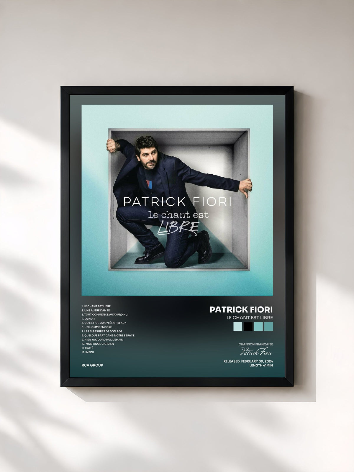 #noir Tableau de l'album Le chant est libre de Patrick Fiori, cadre noir, imprimé et encadré en France