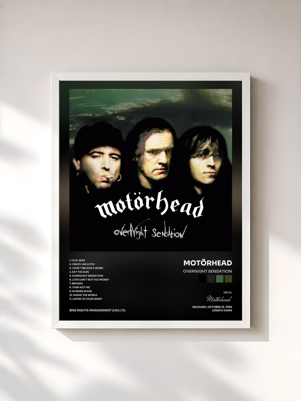 #blanc Tableau de l'album Overnight Sensation de Motörhead, cadre blanc, imprimé et encadré en France
