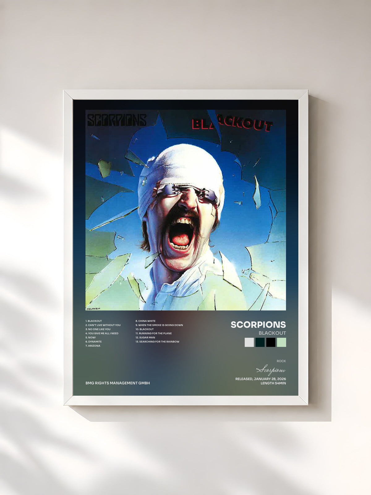 #blanc Tableau de l'album Blackout de Scorpions, cadre blanc, imprimé et encadré en France