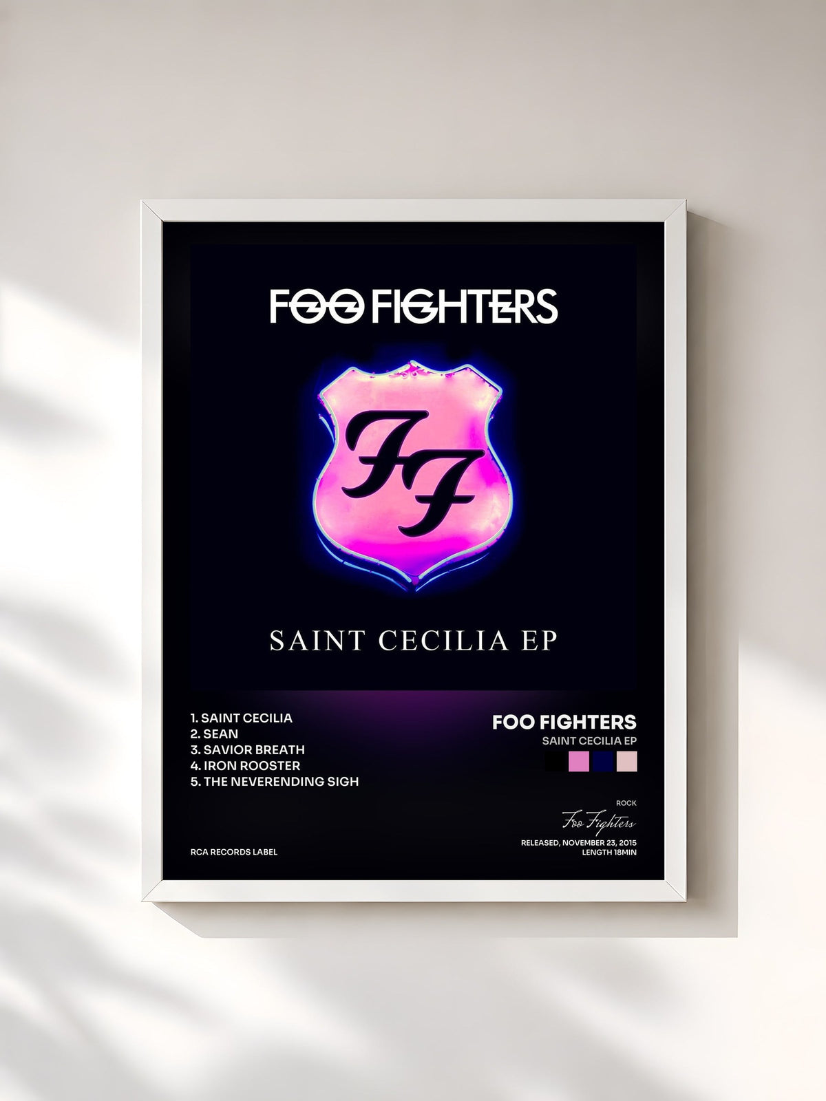 #blanc Tableau de l'album Saint Cecilia EP de Foo Fighters, cadre blanc, imprimé et encadré en France