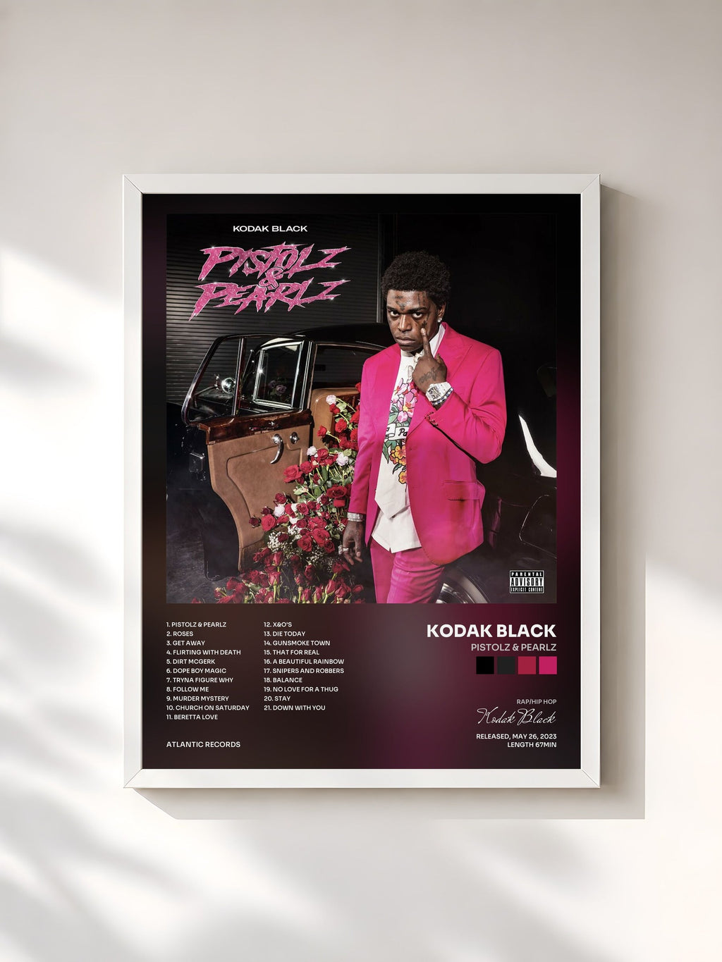 #blanc Tableau de l'album Pistolz & Pearlz de Kodak Black, cadre blanc, imprimé et encadré en France