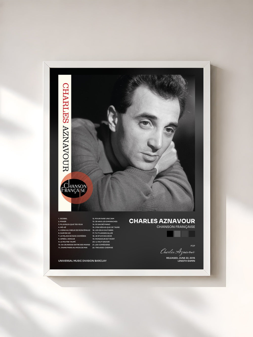 #blanc Tableau de l'album Chanson française de Charles Aznavour, cadre blanc, imprimé et encadré en France