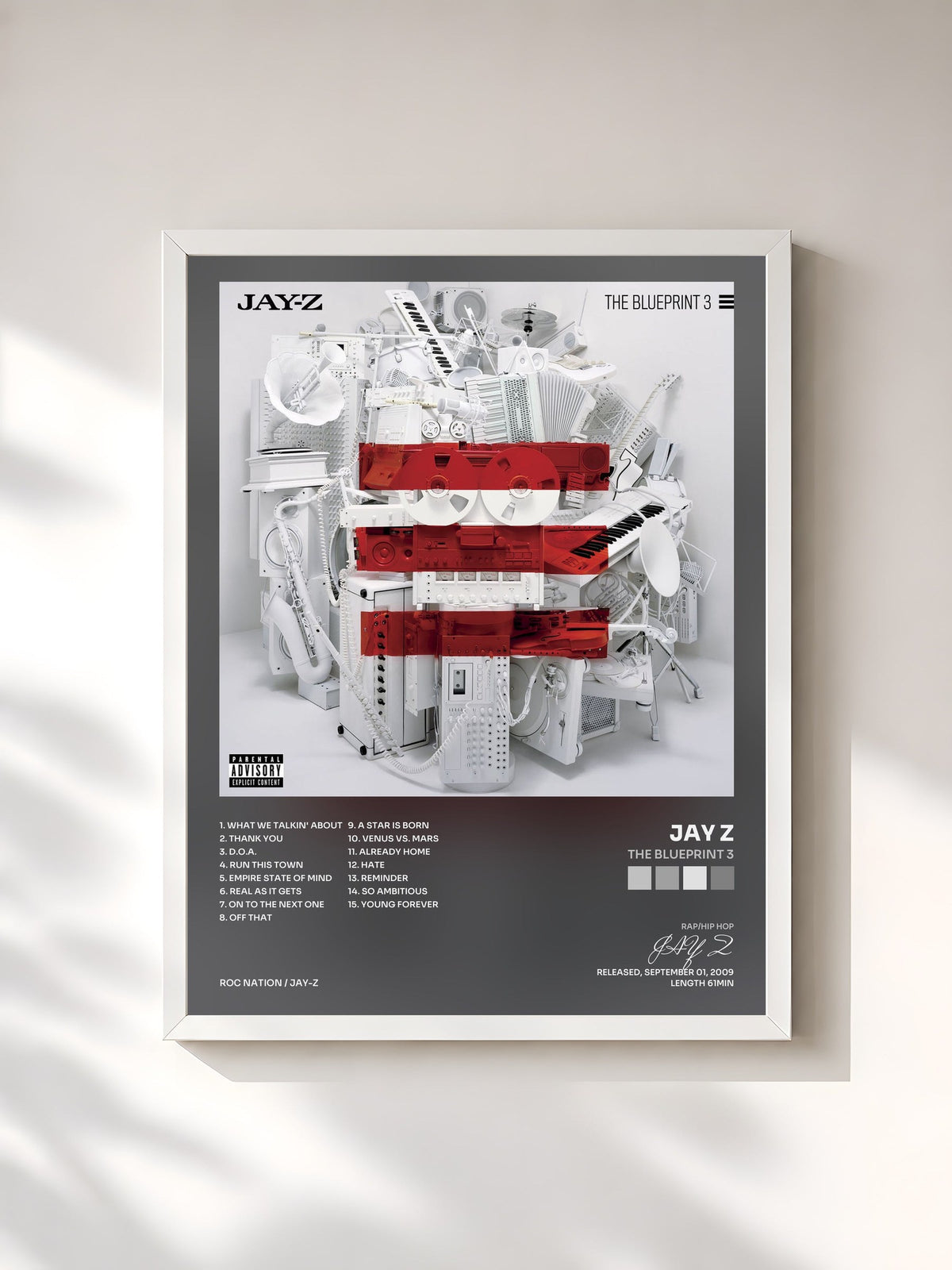 #blanc Tableau de l'album The Blueprint 3 de JAY Z, cadre blanc, imprimé et encadré en France