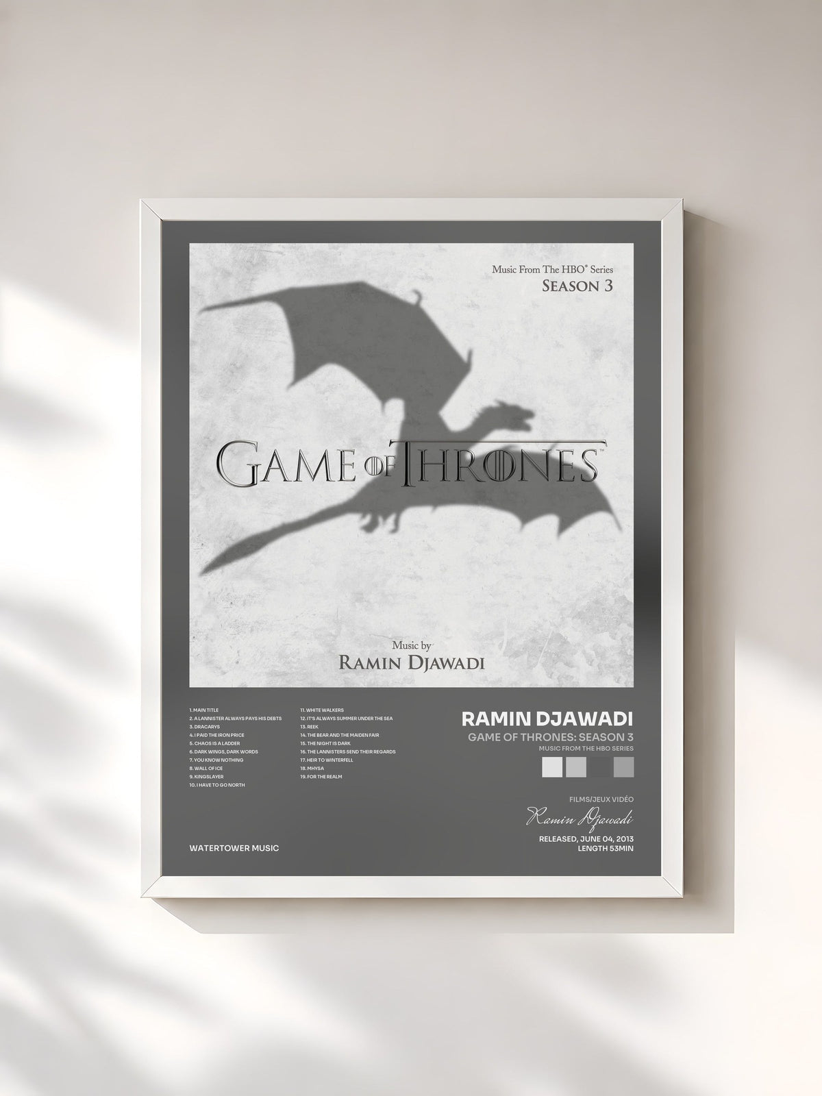 #blanc Tableau de l'album Game Of Thrones: Season 3 (Music from the HBO Series) de Ramin Djawadi, cadre blanc, imprimé et encadré en France