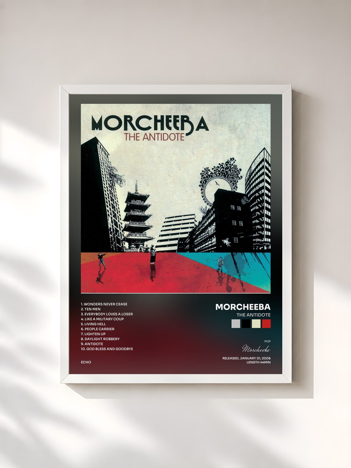 #blanc Tableau de l'album The Antidote de Morcheeba, cadre blanc, imprimé et encadré en France