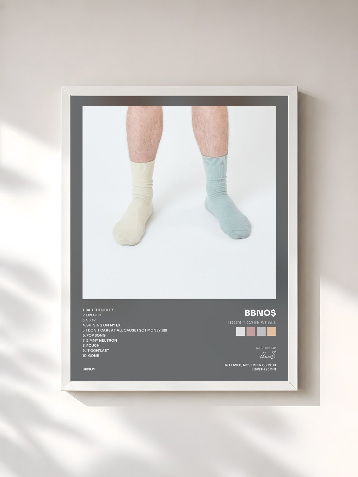#blanc i don't care at all by bbno$ as a framed art print, white frame, printed and framed in France