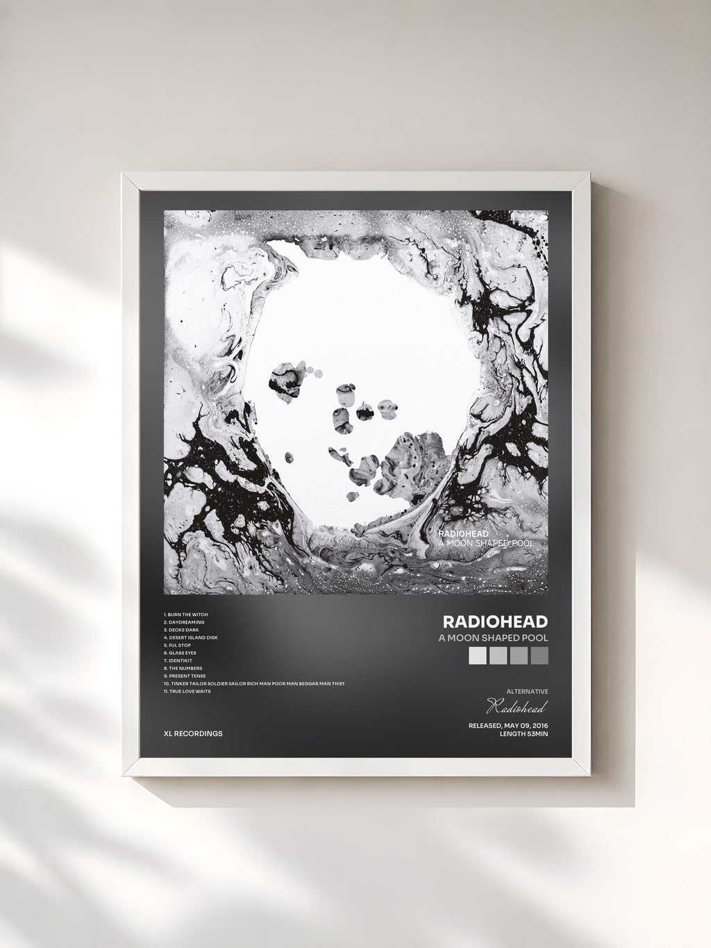 #blanc Tableau de l'album A Moon Shaped Pool de Radiohead, cadre blanc, imprimé et encadré en France
