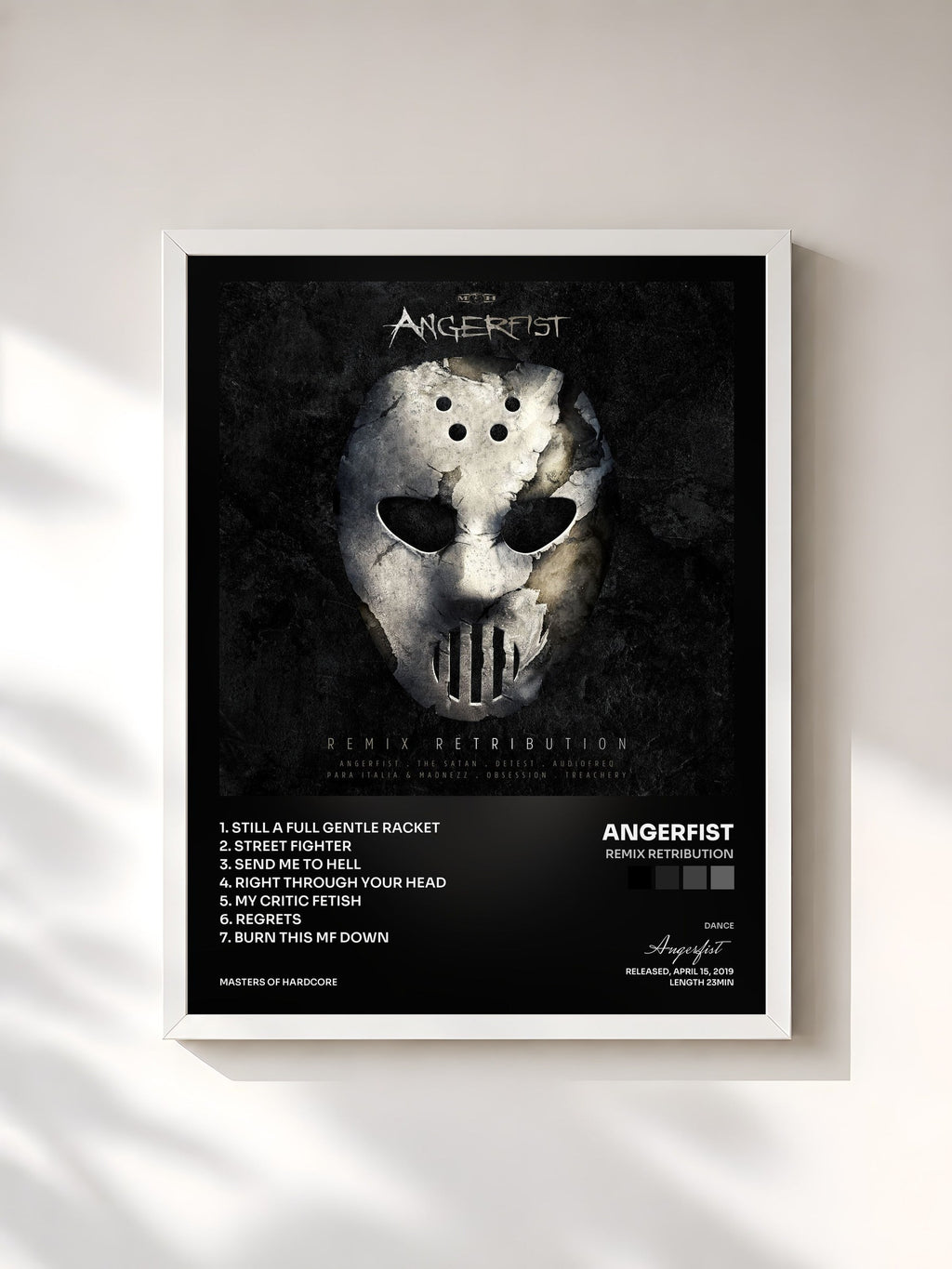 #blanc Remix Retribution by Angerfist as a framed art print, white frame, printed and framed in France