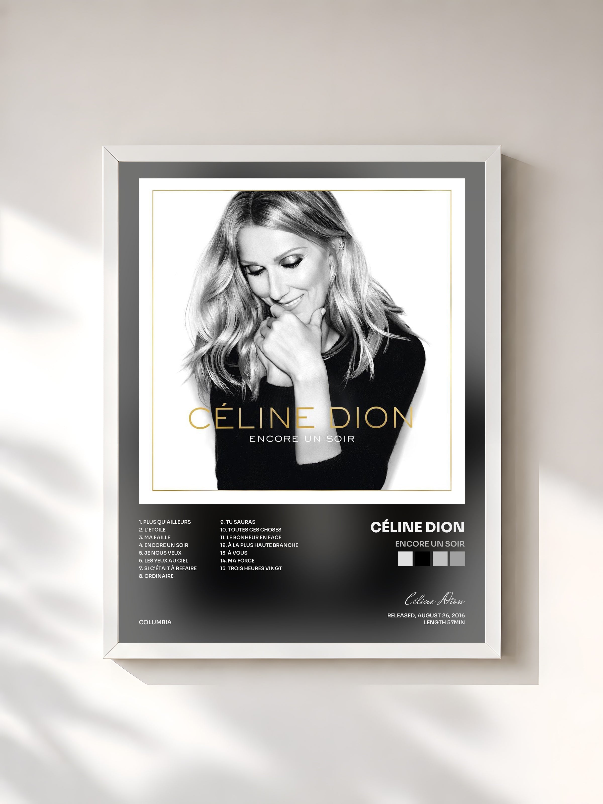 #blanc Tableau de l'album Encore un soir de Céline Dion, cadre blanc, imprimé et encadré en France