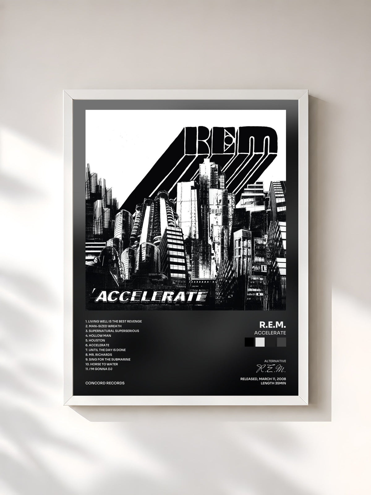 #blanc Tableau de l'album Accelerate de R.E.M., cadre blanc, imprimé et encadré en France