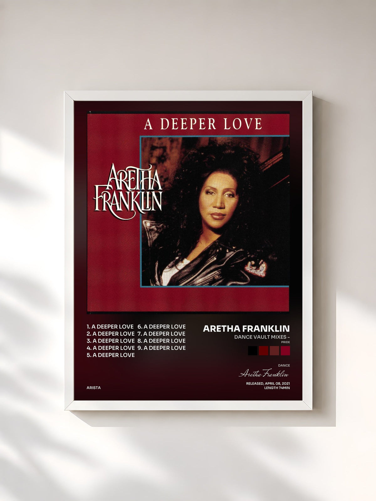 #blanc Tableau de l'album Dance Vault Mixes - (Pride) A Deeper Love de Aretha Franklin, cadre blanc, imprimé et encadré en France