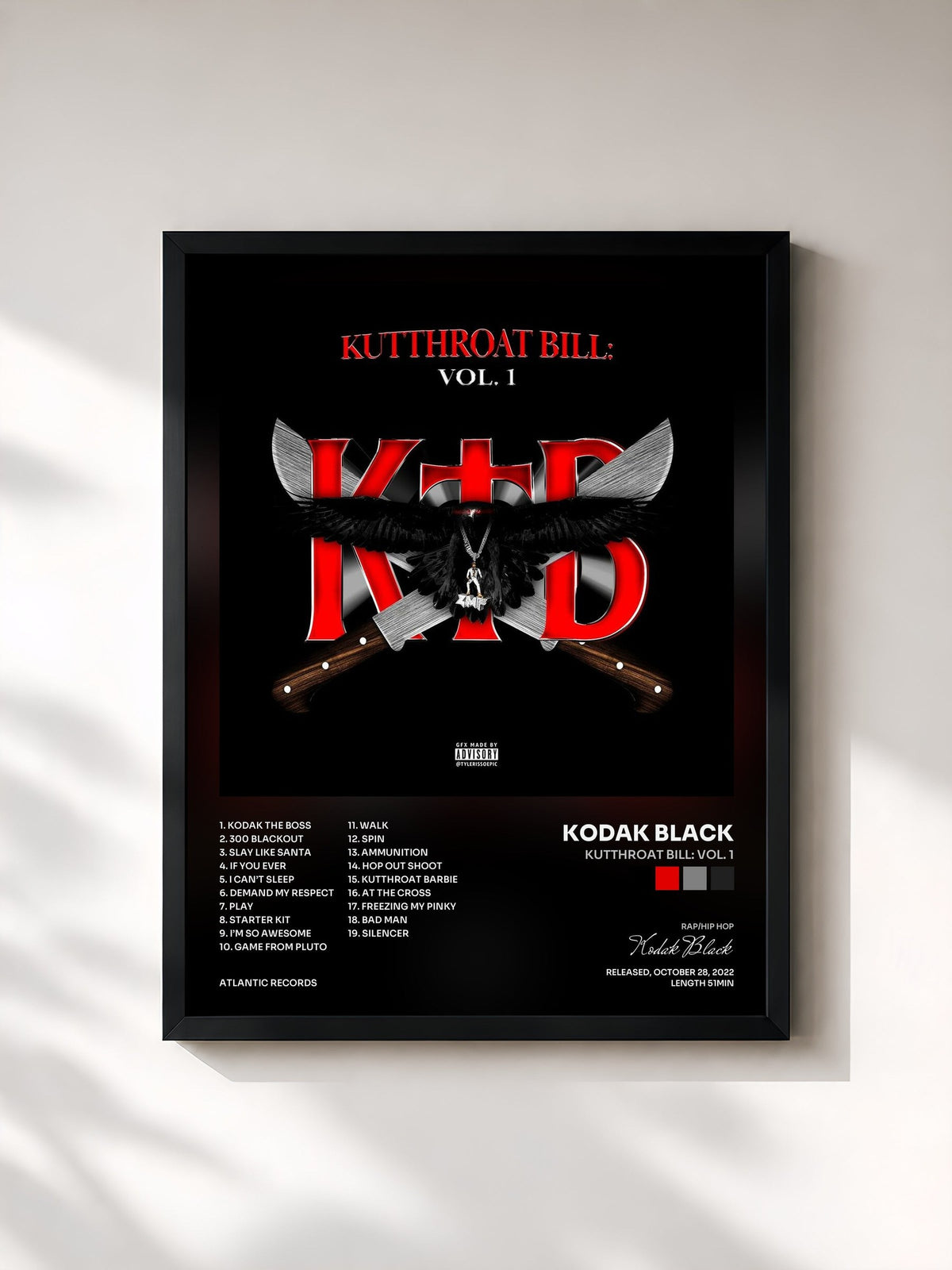 #noir Tableau de l'album Kutthroat Bill: Vol. 1 de Kodak Black, cadre noir, imprimé et encadré en France