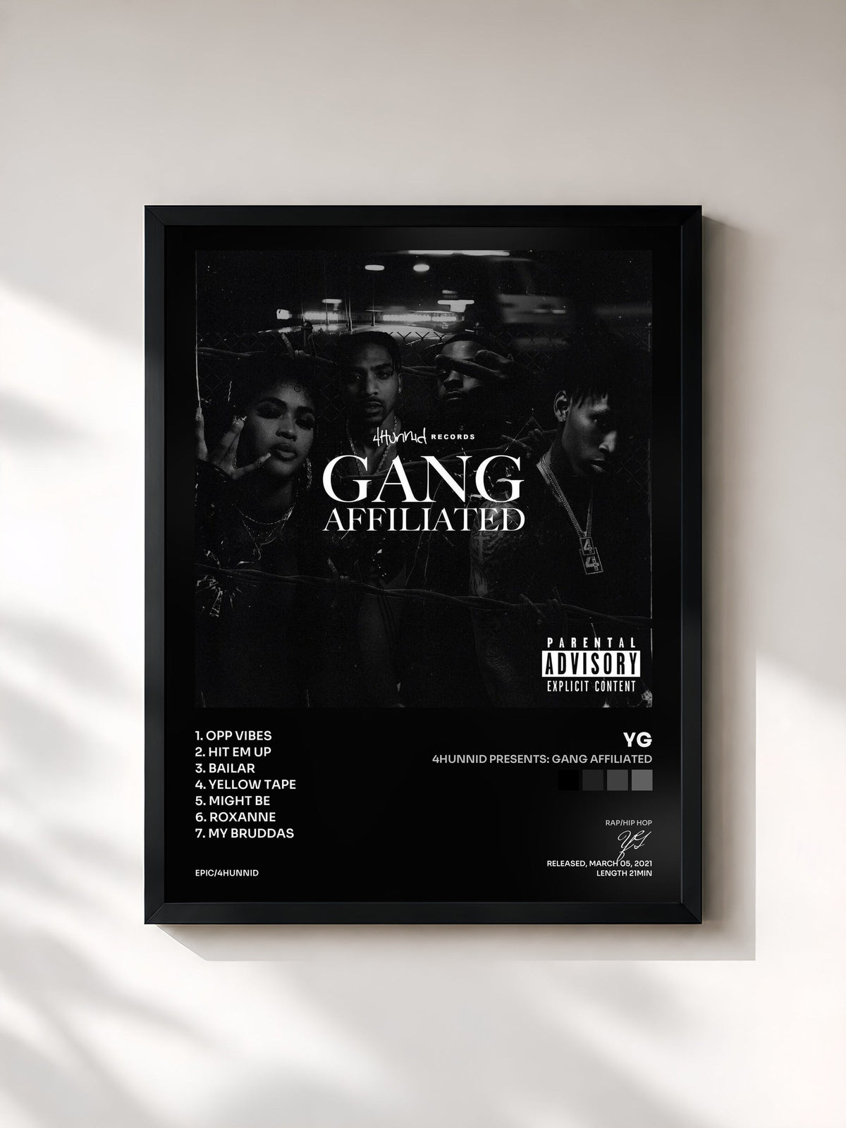 #noir Tableau de l'album 4hunnid Presents: Gang Affiliated de YG, cadre noir, imprimé et encadré en France