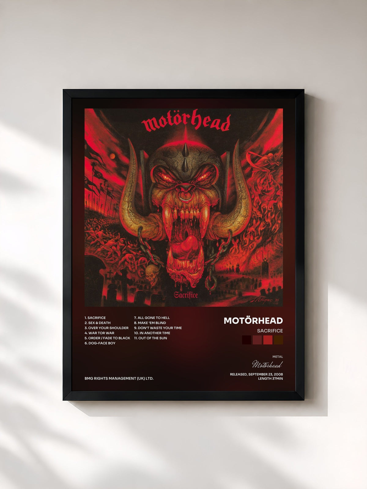 #noir Tableau de l'album Sacrifice de Motörhead, cadre noir, imprimé et encadré en France