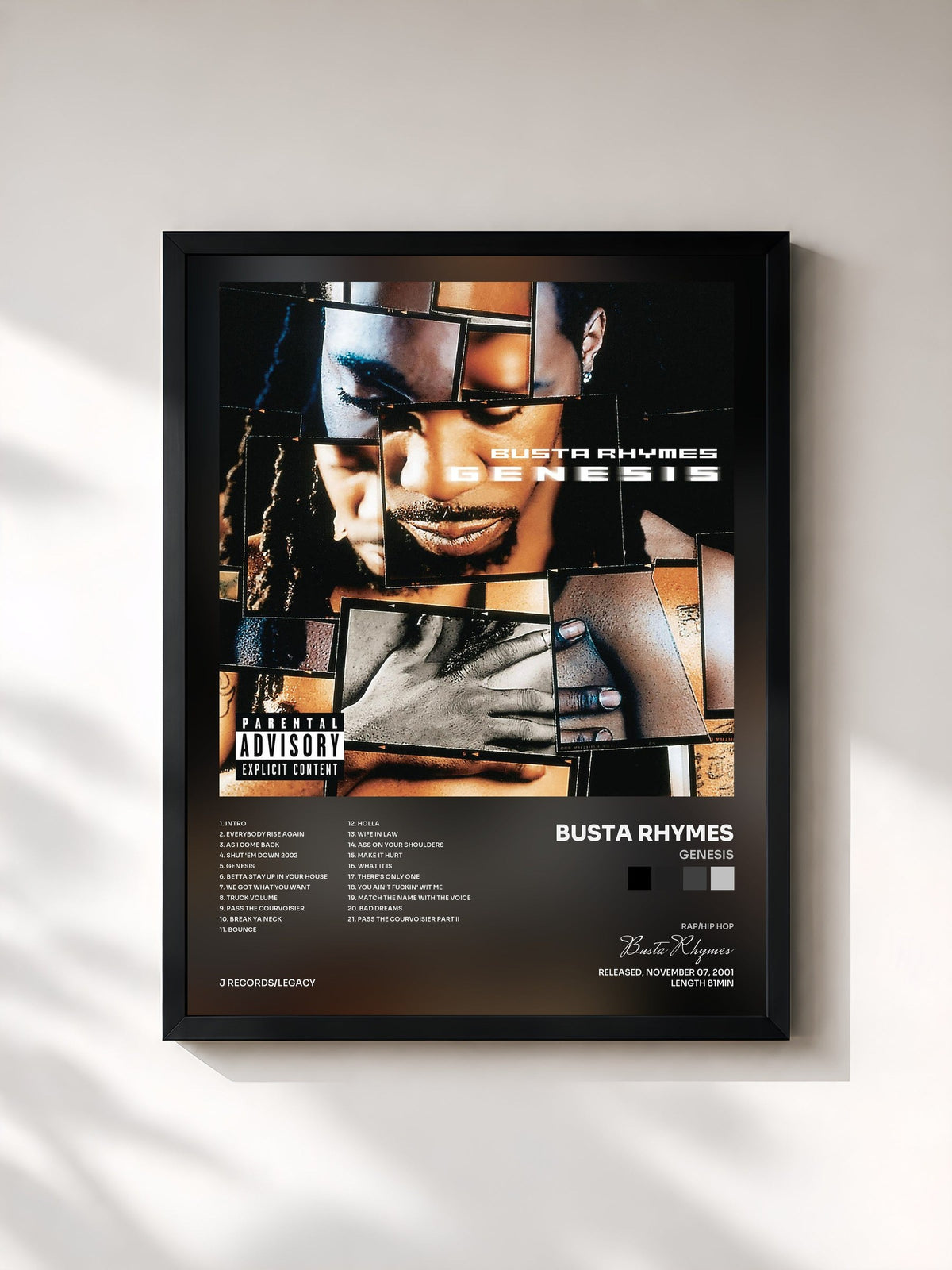 #noir Tableau de l'album Genesis de Busta Rhymes, cadre noir, imprimé et encadré en France