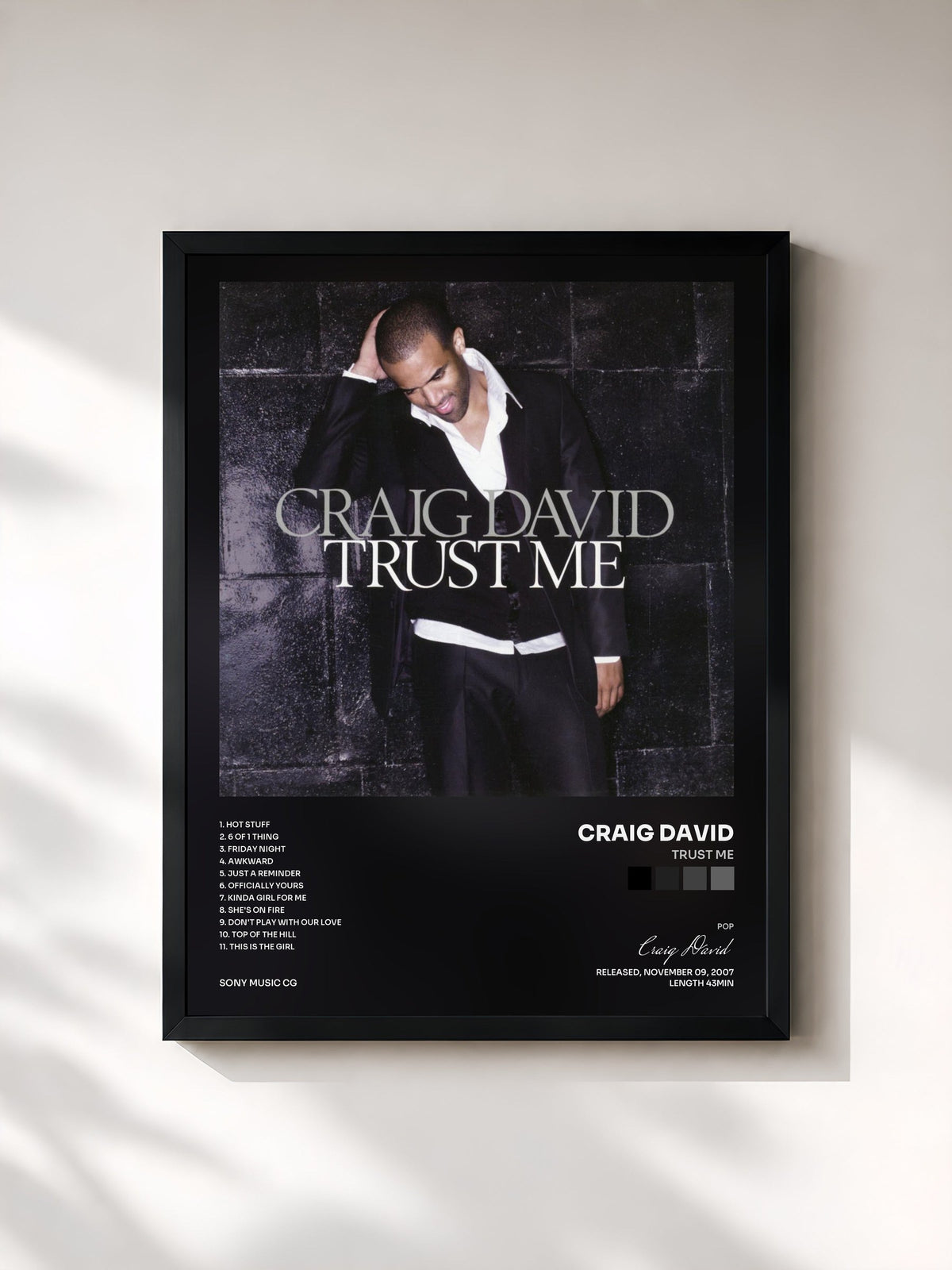#noir Tableau de l'album Trust Me de Craig David, cadre noir, imprimé et encadré en France