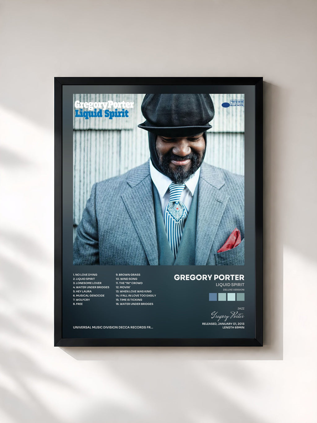 #noir Liquid Spirit (Deluxe Version) by Gregory Porter as a framed art print, black frame, printed and framed in France