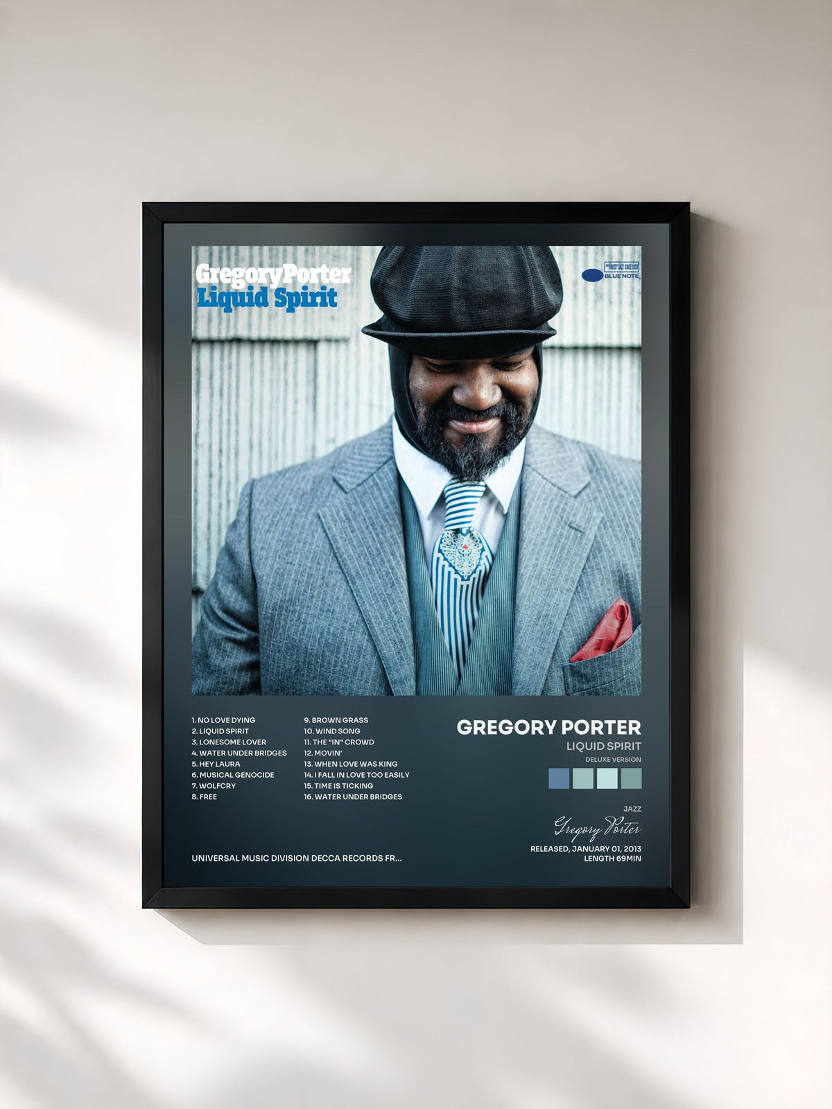 #noir Liquid Spirit (Deluxe Version) by Gregory Porter as a framed art print, black frame, printed and framed in France