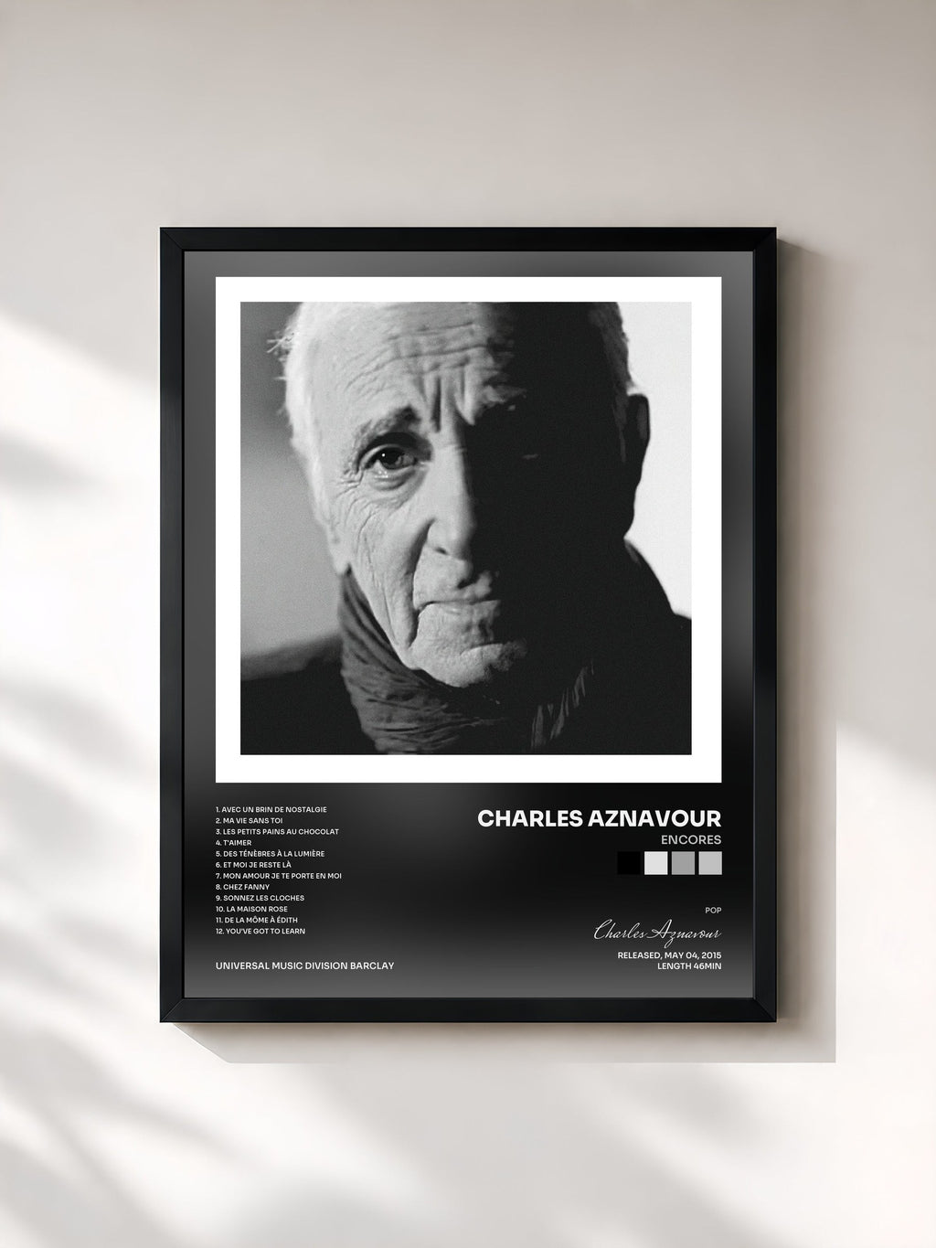 #noir Tableau de l'album Encores de Charles Aznavour, cadre noir, imprimé et encadré en France