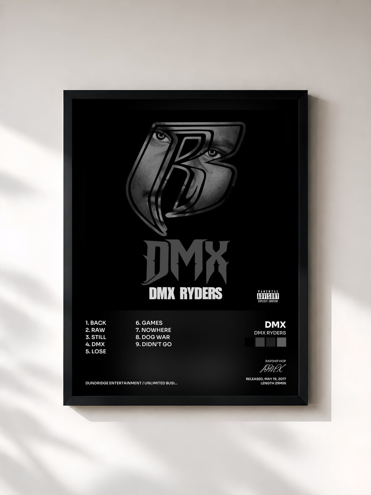 #noir Tableau de l'album DMX Ryders de DMX, cadre noir, imprimé et encadré en France