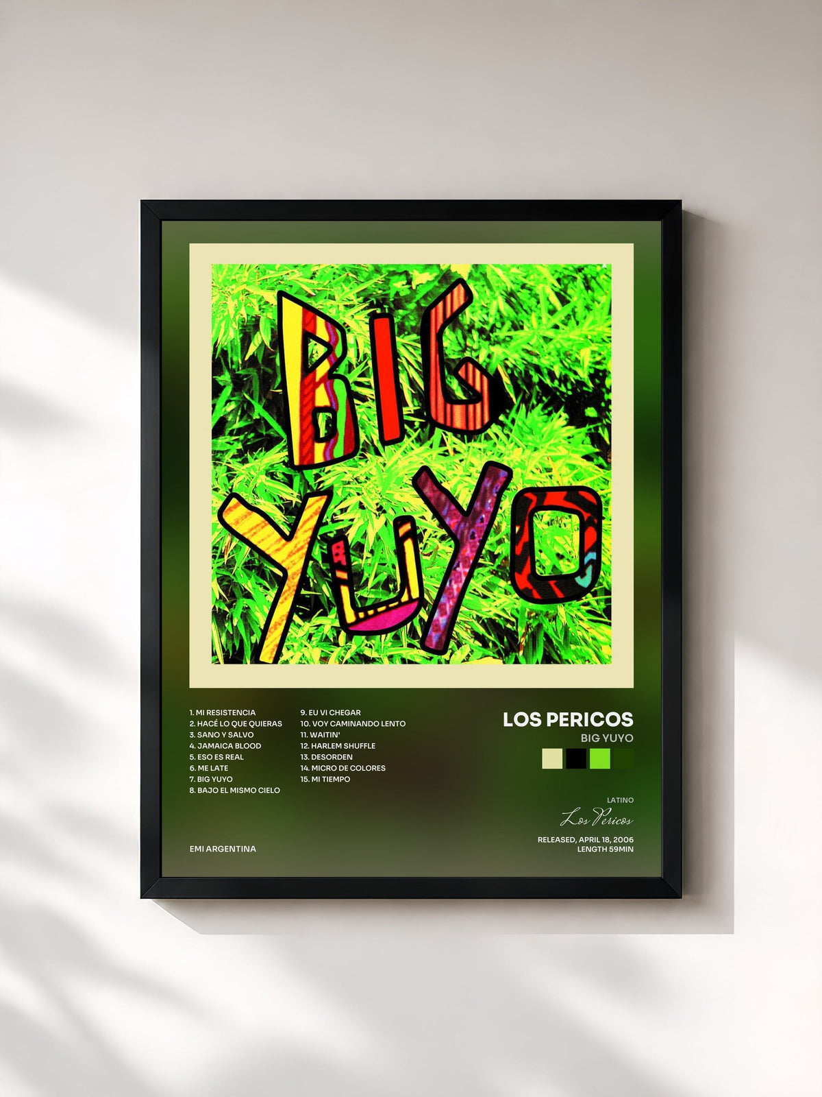 #noir Tableau de l'album Big Yuyo de Los Pericos, cadre noir, imprimé et encadré en France