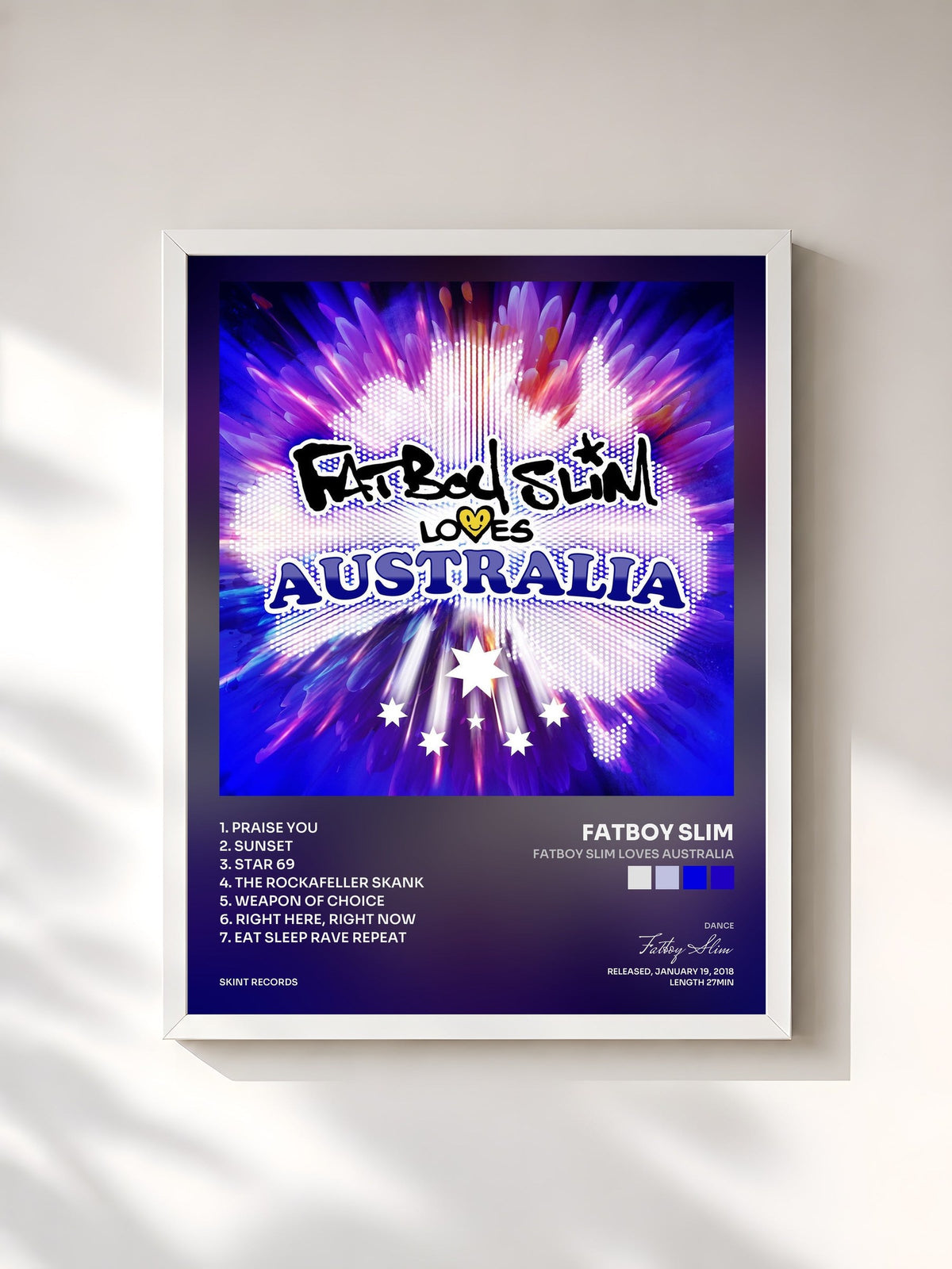 #blanc Tableau de l'album Fatboy Slim Loves Australia de Fatboy Slim, cadre blanc, imprimé et encadré en France