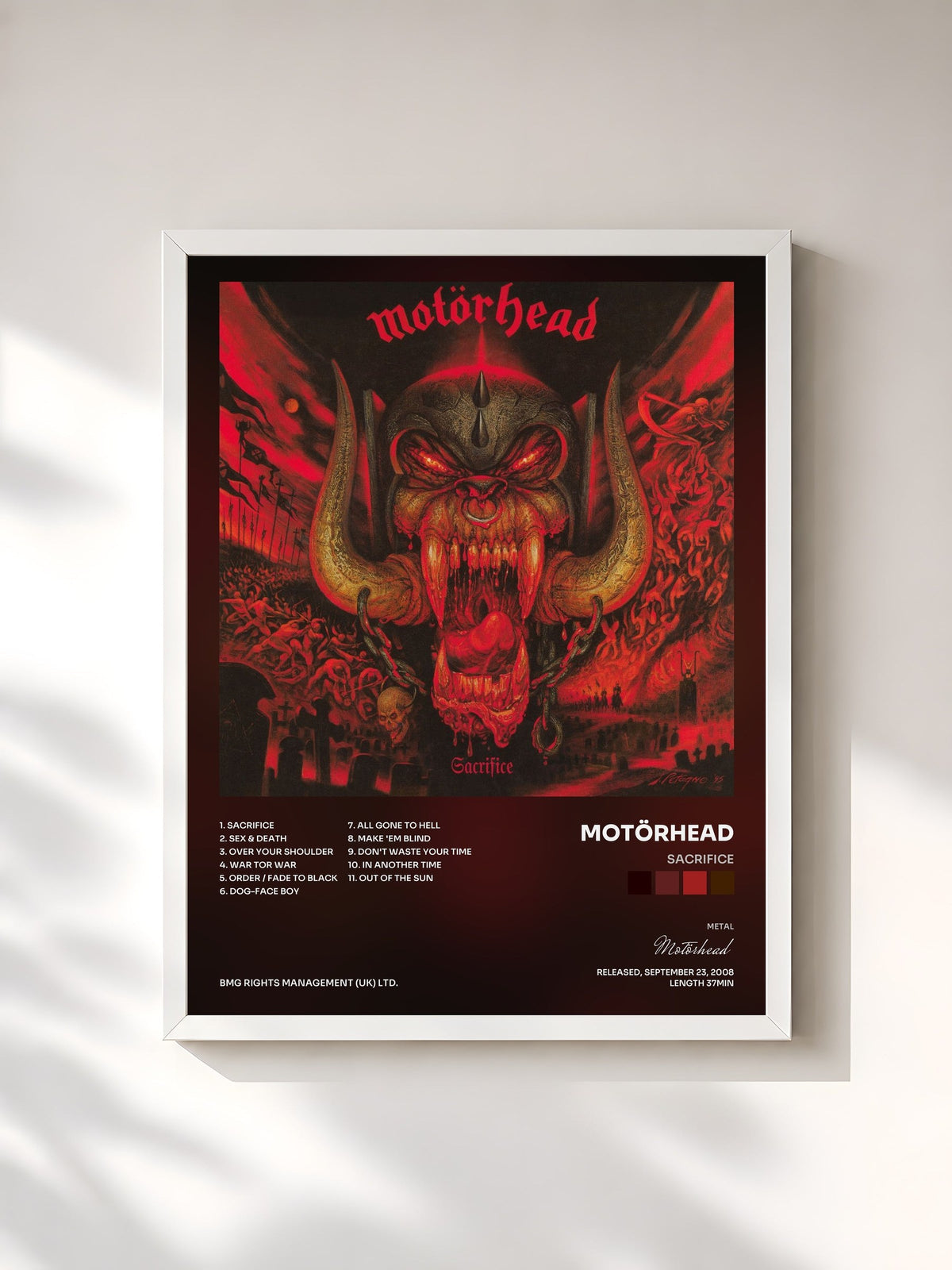 #blanc Tableau de l'album Sacrifice de Motörhead, cadre blanc, imprimé et encadré en France