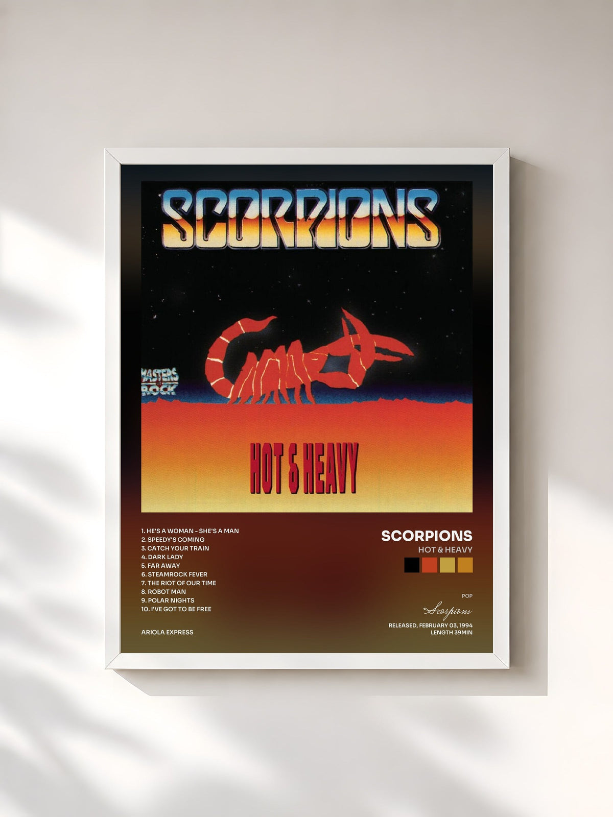 #blanc Tableau de l'album Hot & Heavy de Scorpions, cadre blanc, imprimé et encadré en France