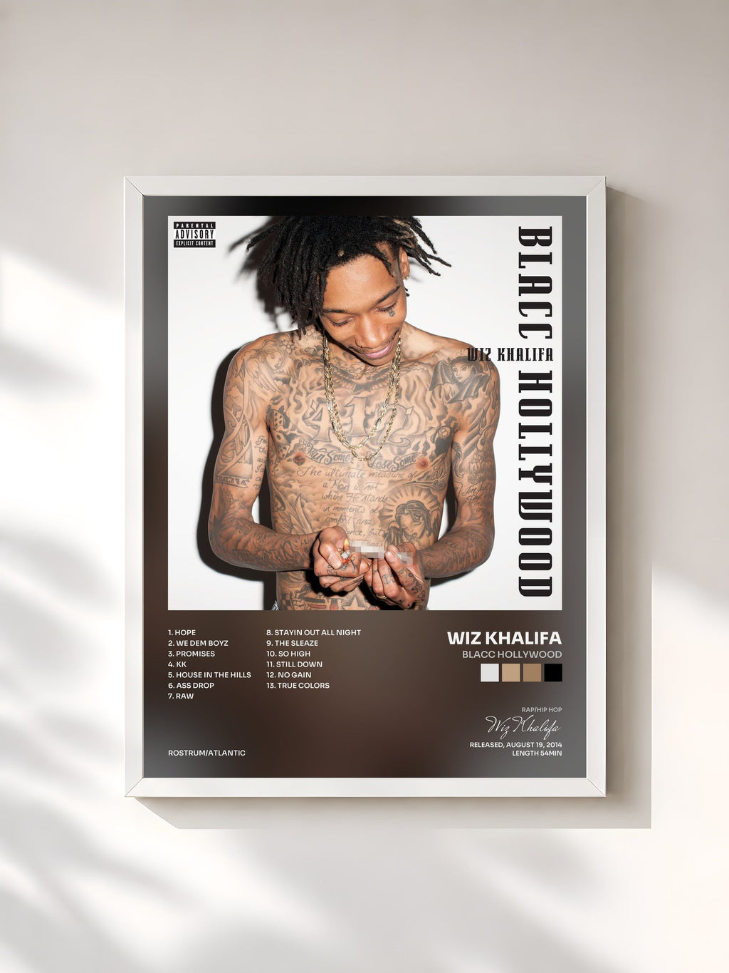 #blanc Tableau de l'album Blacc Hollywood de Wiz Khalifa, cadre blanc, imprimé et encadré en France