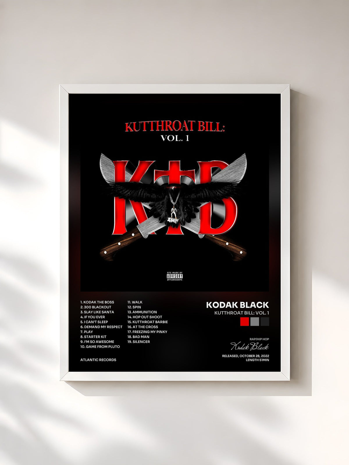 #blanc Tableau de l'album Kutthroat Bill: Vol. 1 de Kodak Black, cadre blanc, imprimé et encadré en France