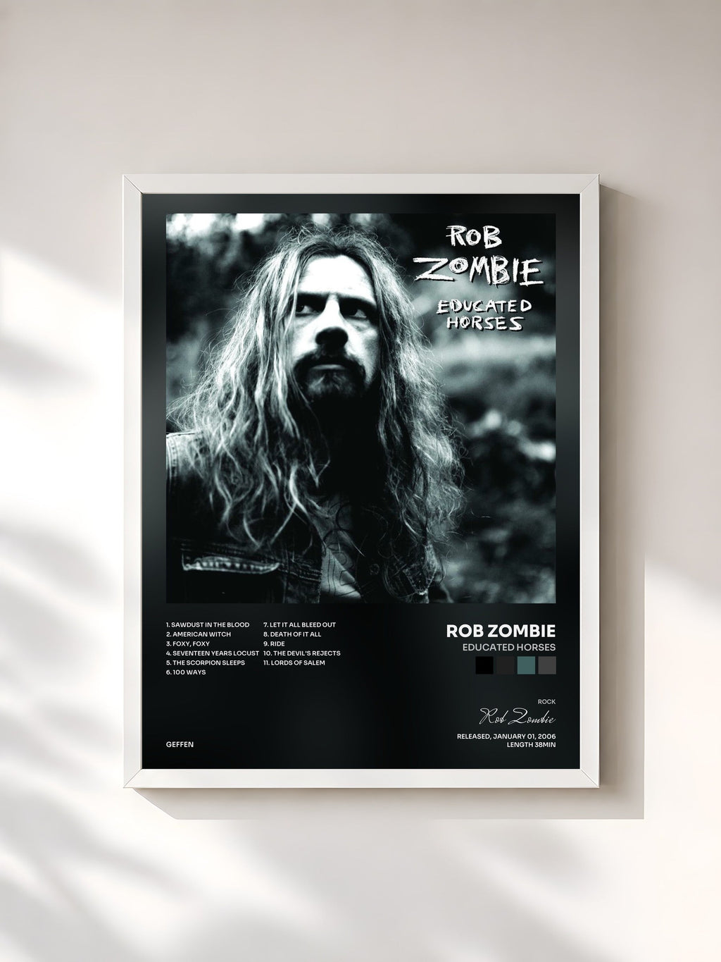 #blanc Educated Horses de Rob Zombie en lámina enmarcada, marco blanco, impresa y enmarcada en Francia