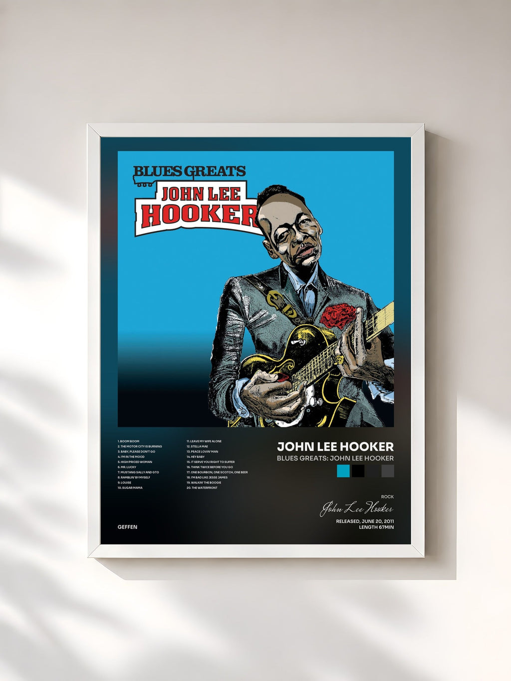 #blanc Blues Greats: John Lee Hooker by John Lee Hooker as a framed art print, white frame, printed and framed in France
