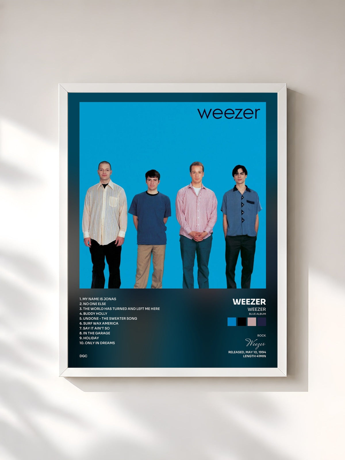 #blanc Tableau de l'album Weezer (Blue Album) de Weezer, cadre blanc, imprimé et encadré en France
