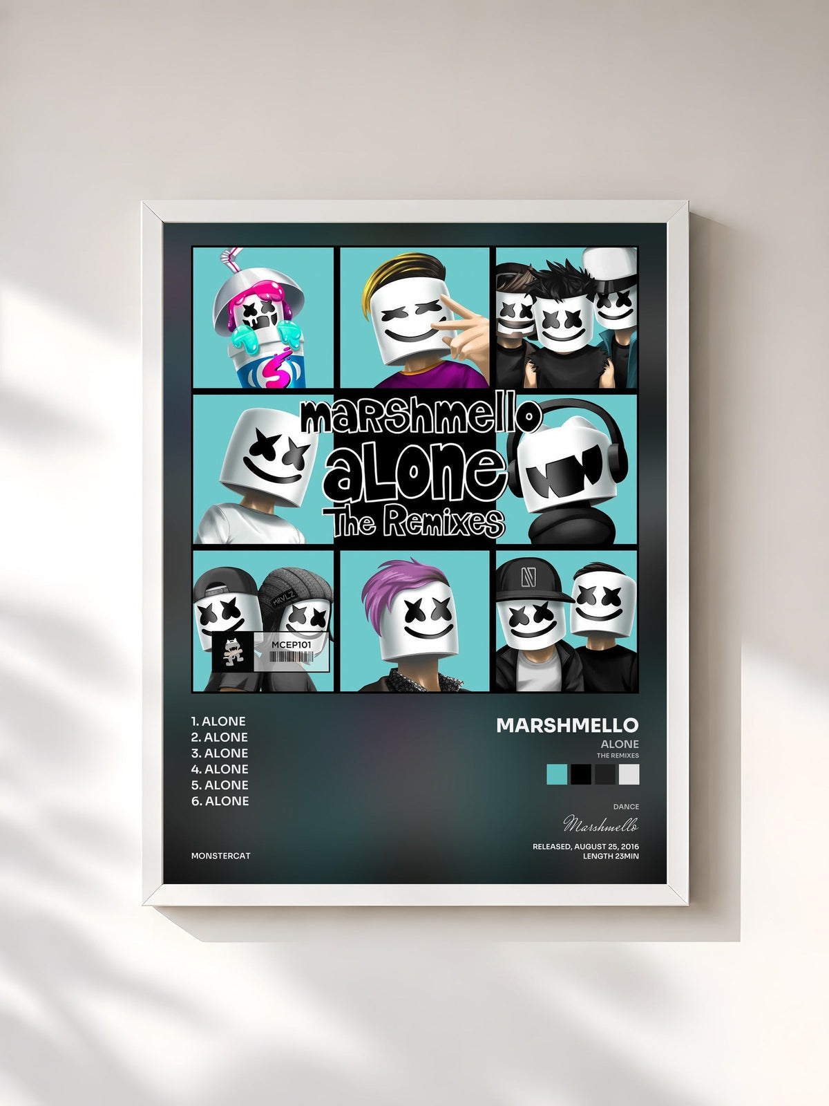 #blanc Tableau de l'album Alone (The Remixes) de Marshmello, cadre blanc, imprimé et encadré en France