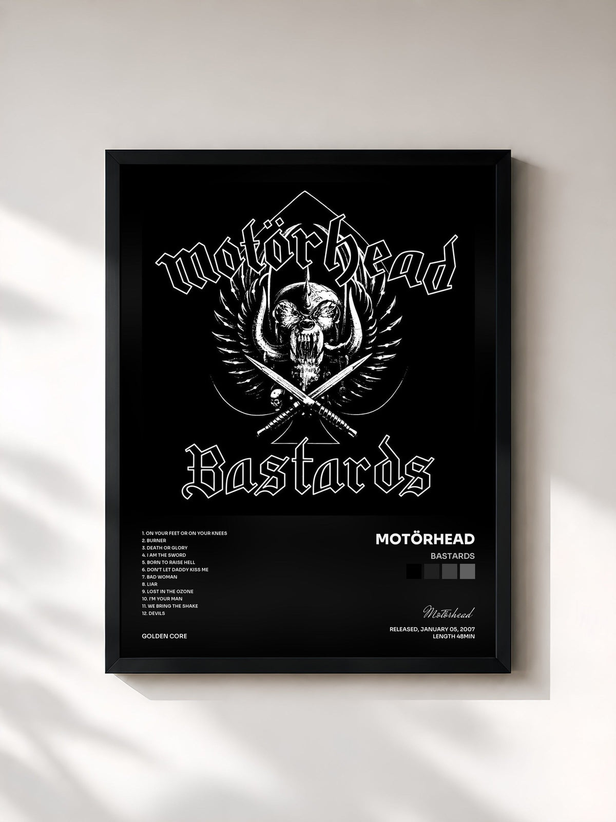 #noir Tableau de l'album Bastards de Motörhead, cadre noir, imprimé et encadré en France