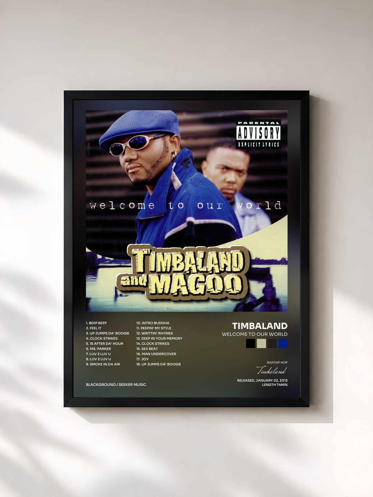 #noir Tableau de l'album Welcome To Our World de Timbaland, cadre noir, imprimé et encadré en France