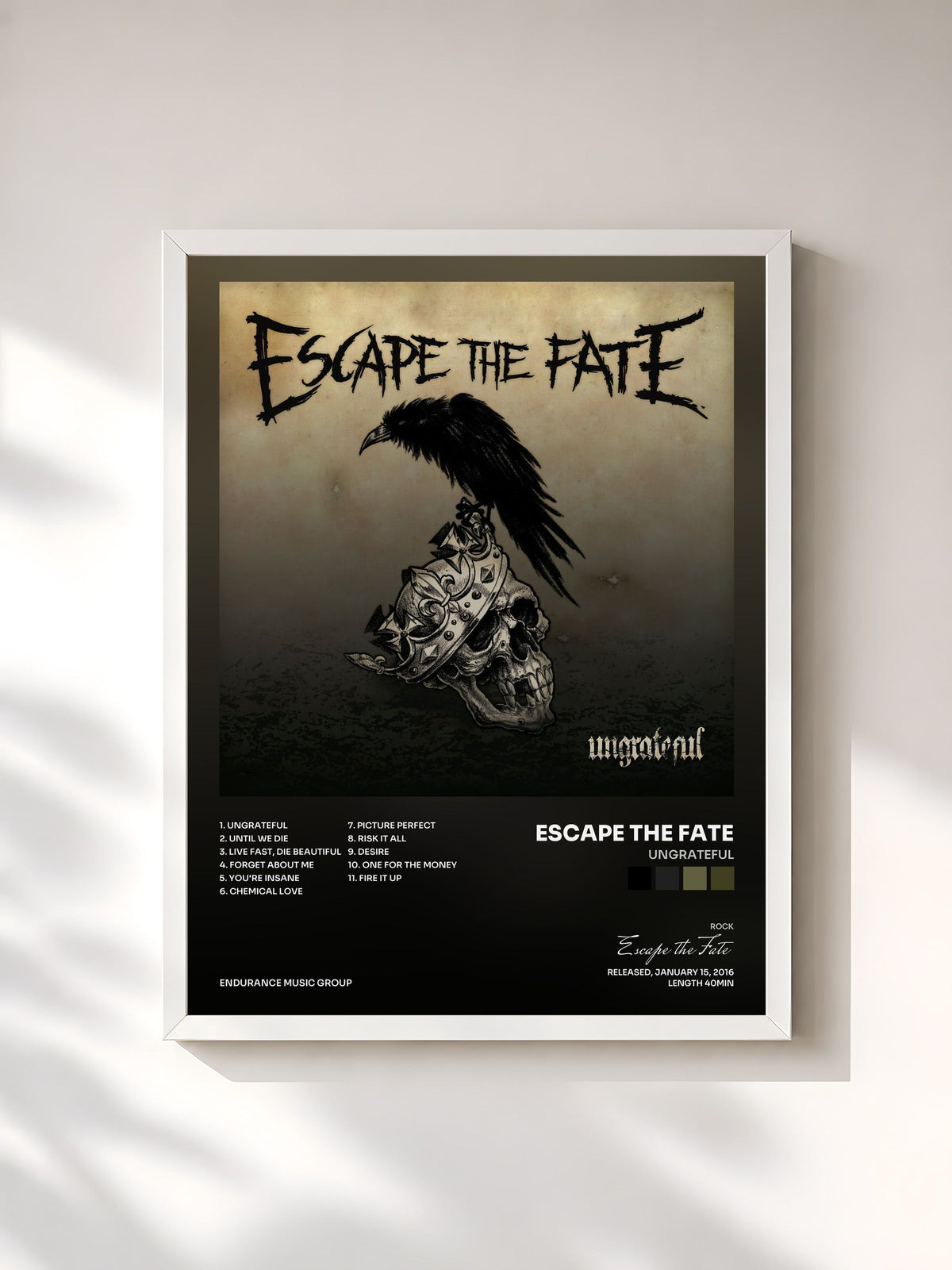 #blanc Ungrateful by Escape the Fate as a framed art print, white frame, printed and framed in France