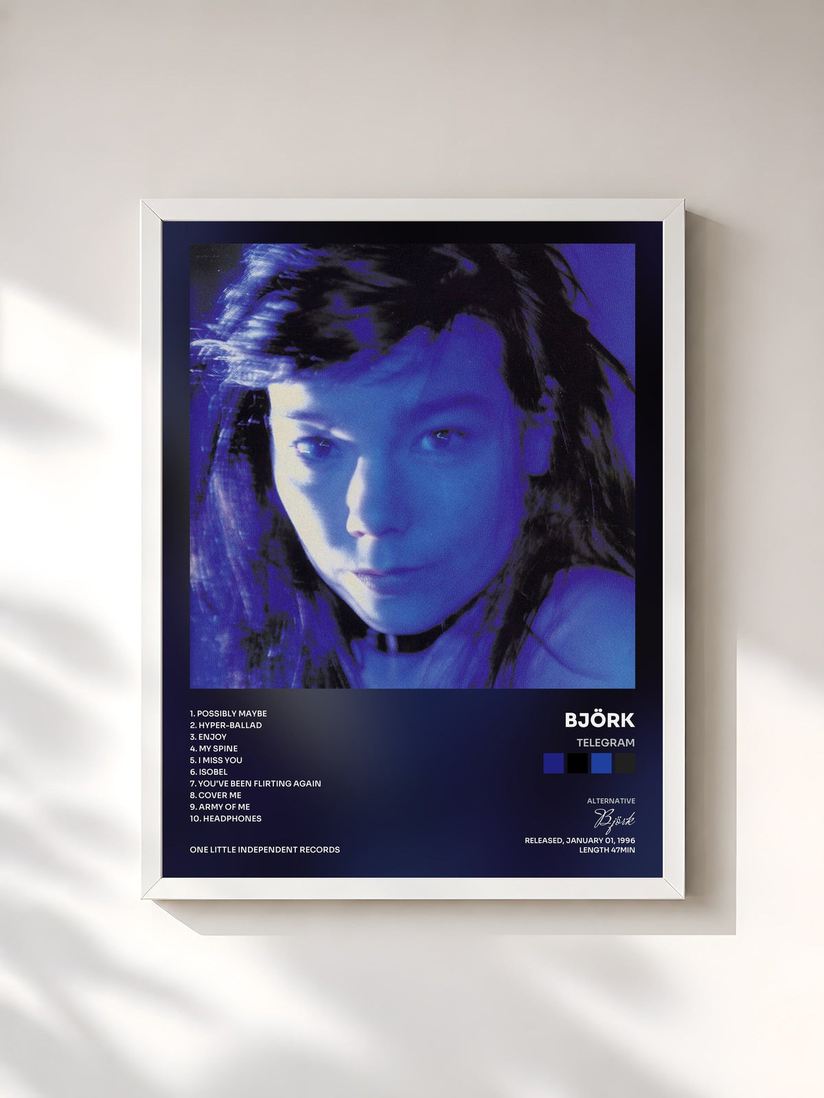 #blanc Tableau de l'album Telegram de Björk, cadre blanc, imprimé et encadré en France