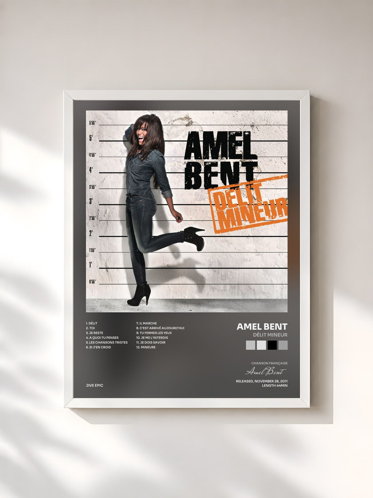 #blanc Tableau de l'album Délit Mineur de Amel Bent, cadre blanc, imprimé et encadré en France