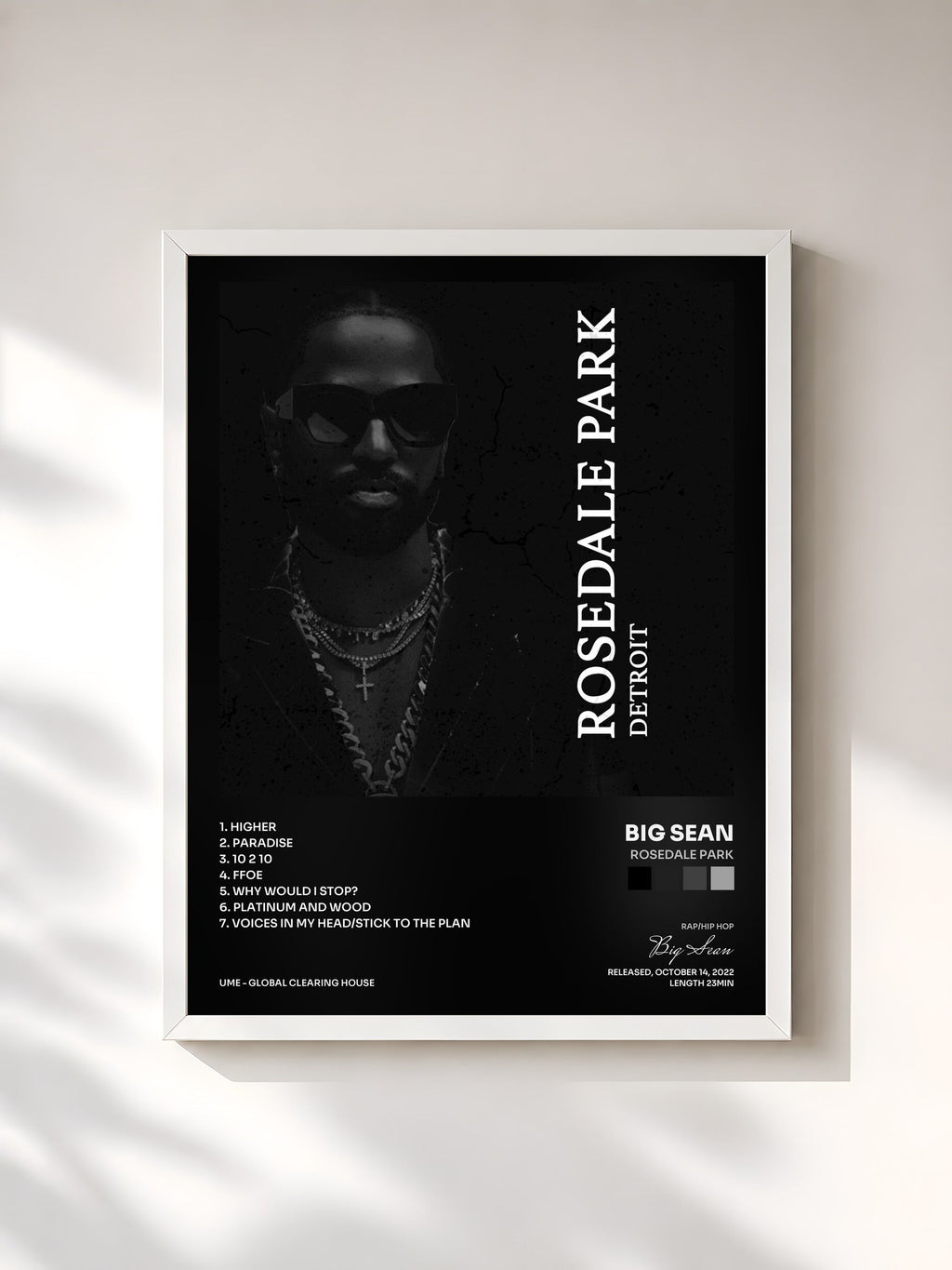 #blanc Tableau de l'album Rosedale Park de Big Sean, cadre blanc, imprimé et encadré en France