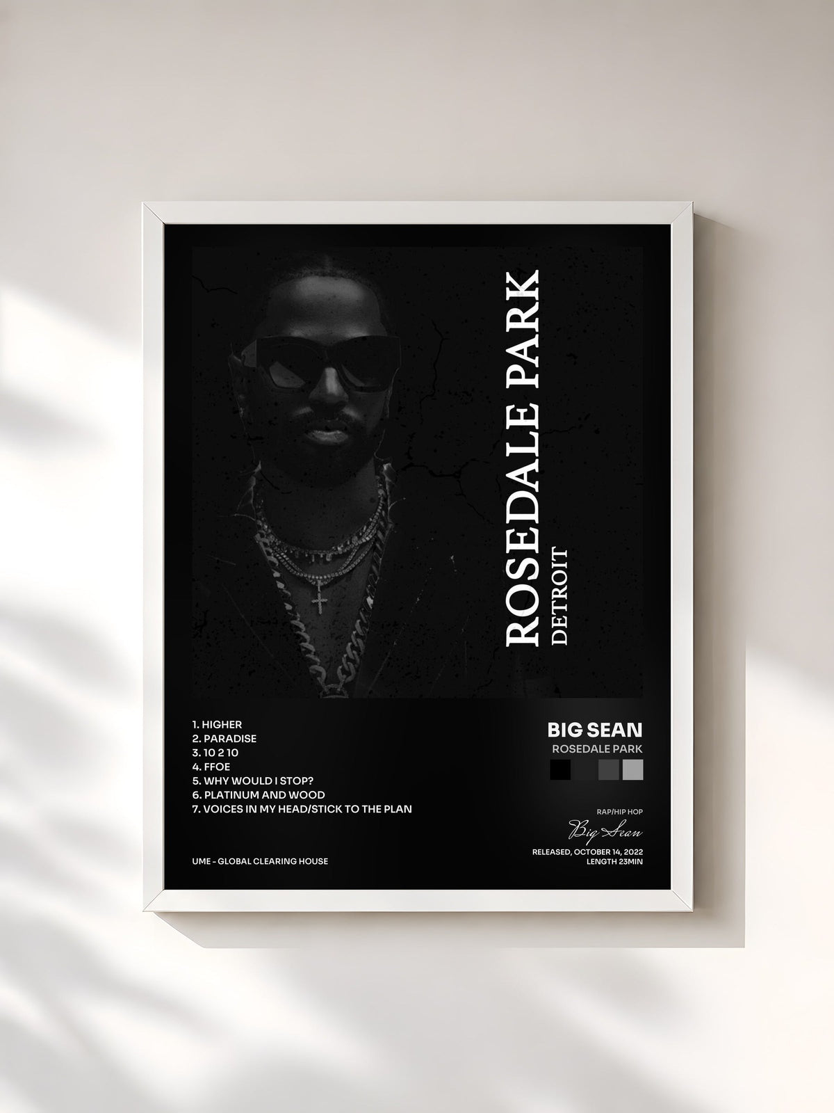 #blanc Tableau de l'album Rosedale Park de Big Sean, cadre blanc, imprimé et encadré en France