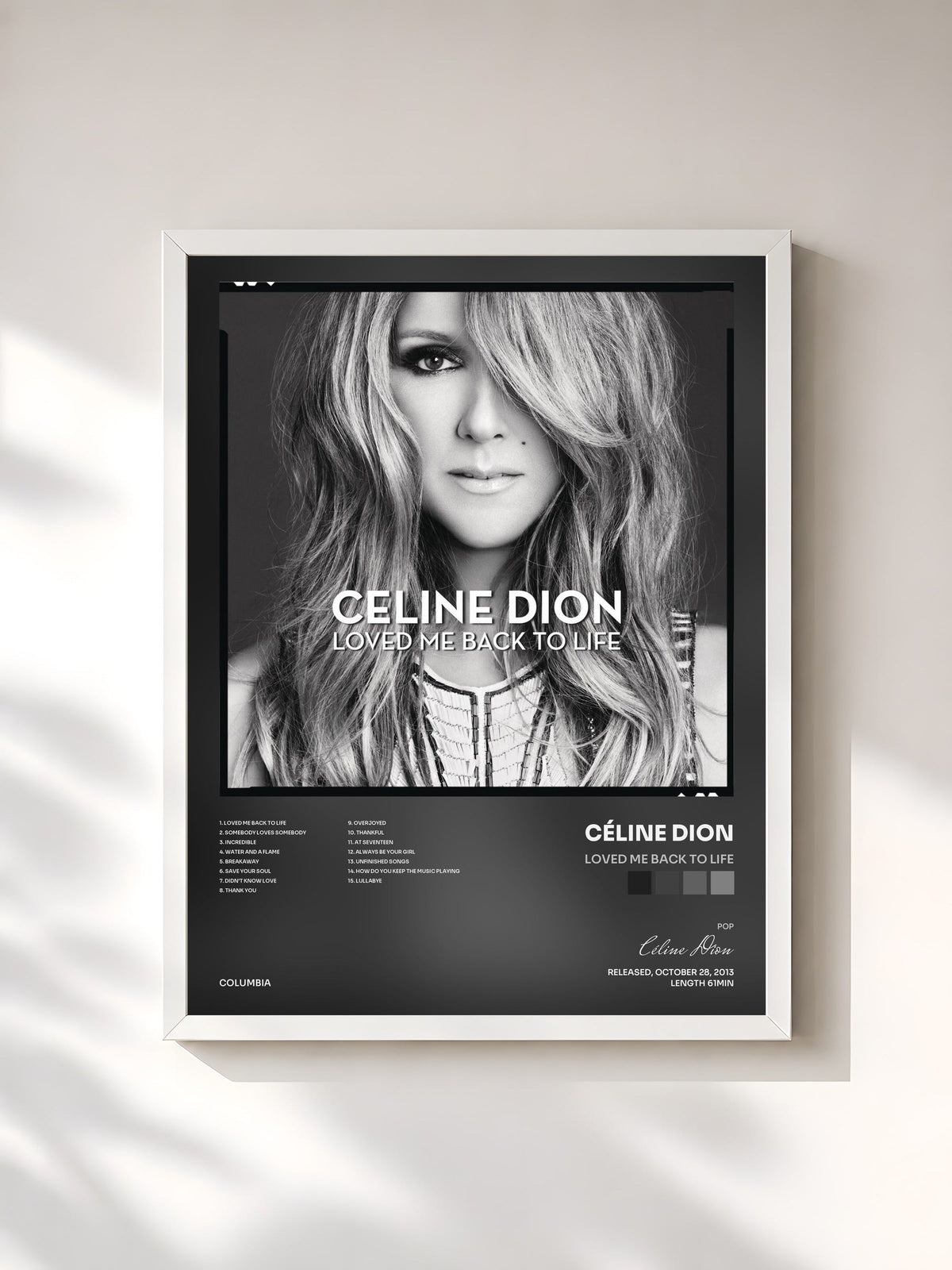 #blanc Tableau de l'album Loved Me Back to Life de Céline Dion, cadre blanc, imprimé et encadré en France