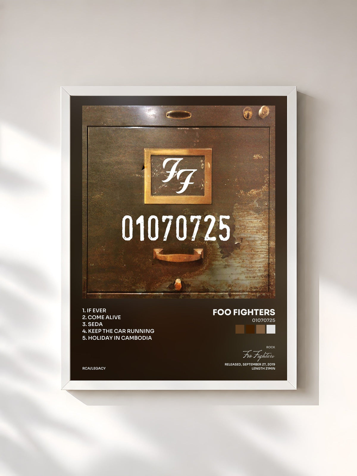 #blanc Tableau de l'album 01070725 de Foo Fighters, cadre blanc, imprimé et encadré en France
